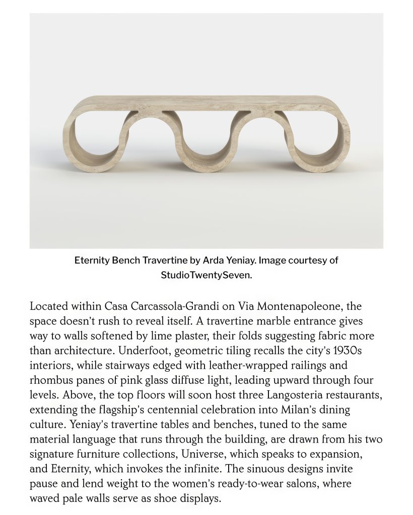 Eternity Bench in travertine and the Family Style interview.