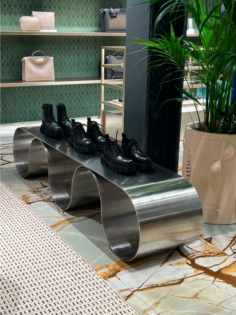 Close view of the Eternity Bench used for a footwear display in Amsterdam.
