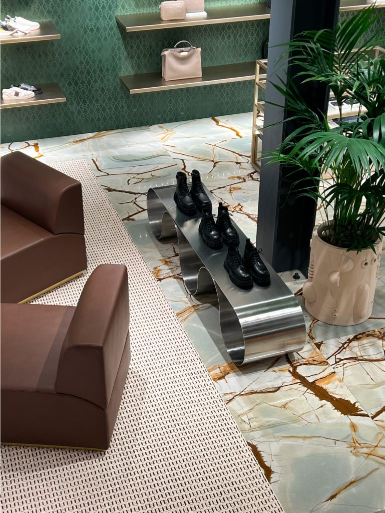 Stainless-steel Eternity bench displayed inside the Fendi Amsterdam store.