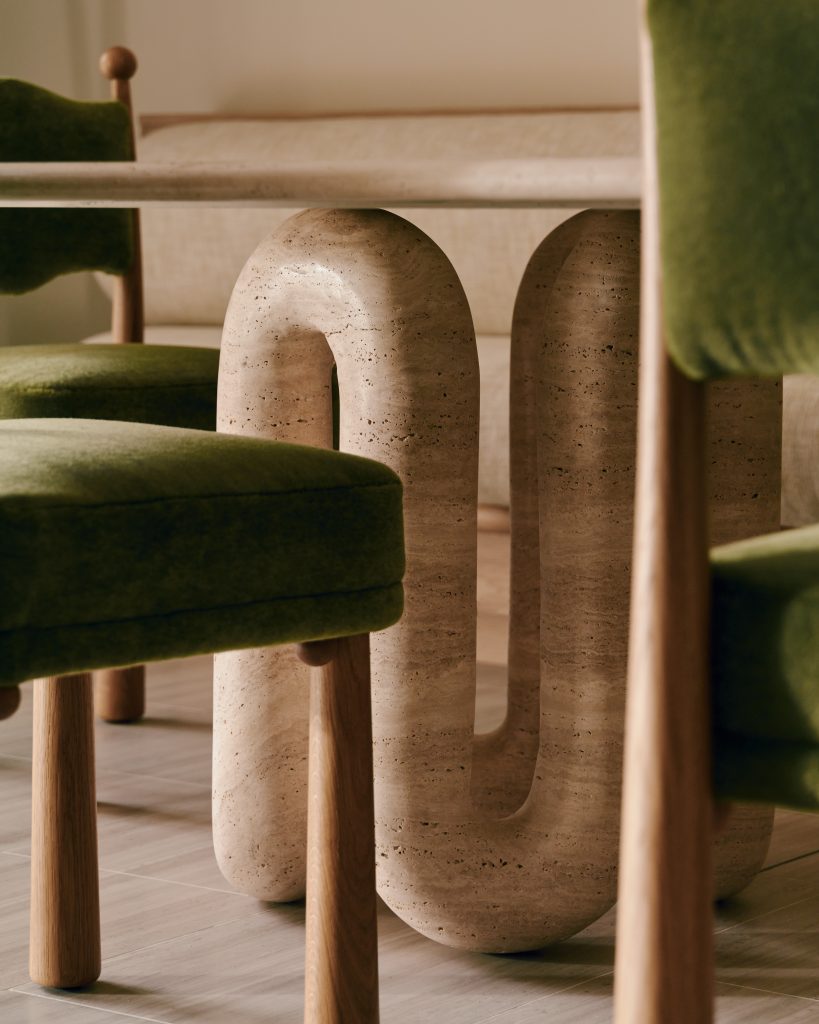 Travertine tabletop with ceramic vases at Mulberry Townhouse.